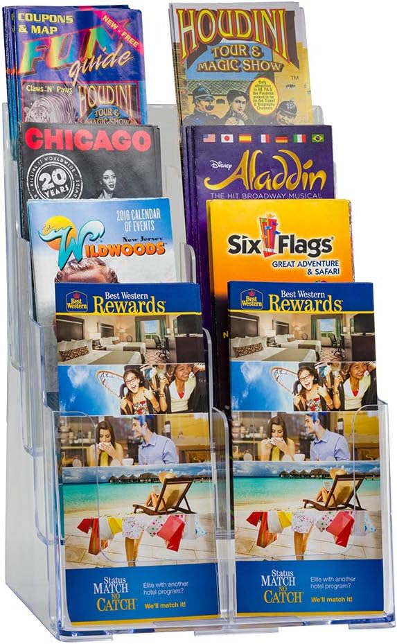 Azar Displays 252376 Four Tier, Four Pocket Letter Brochure File Holder for Flyer, Office Supplies, Paper Document or Magazines, Clear Organizer for Wall and Counter Desktop Stand, 8.5" x 11"