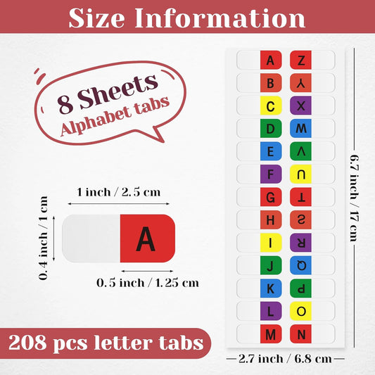 A-Z Sticky Alphabet Tabs, Colorful Self-Adhesive Letter Index Tabs for Notebook, Textbook, Dictionary, and Filing (208 Pcs)