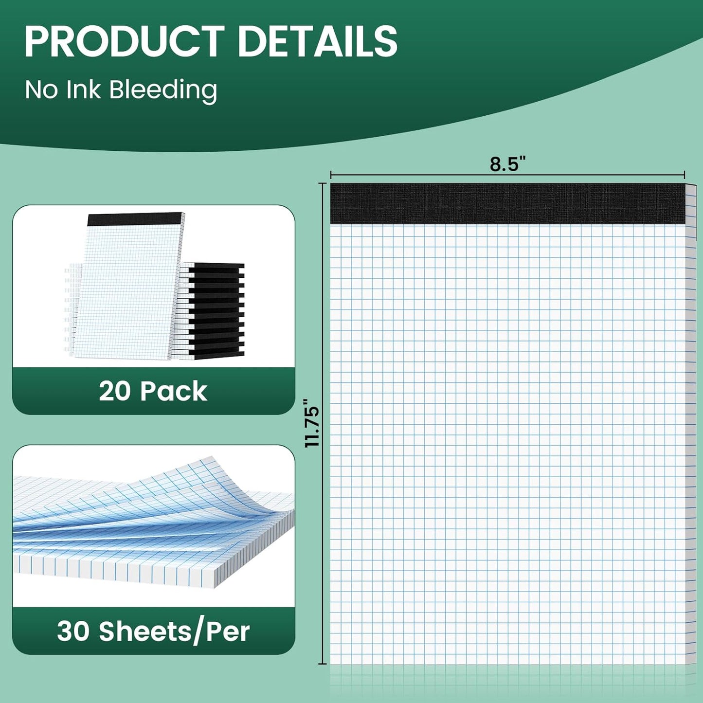 Graph Paper 8.5 X 11, 2 Pack, 4x4 Quad Ruled, Grid Paper Pad 8-1/2" X 11.75", Grid Pad 8.5 X 11.75, Engineering Notebook, Easy Tears Off, White 70 Gsm Graft Paper