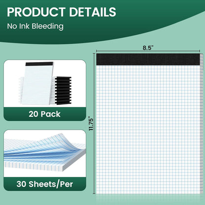 Graph Paper 8.5 X 11, 2 Pack, 4x4 Quad Ruled, Grid Paper Pad 8-1/2" X 11.75", Grid Pad 8.5 X 11.75, Engineering Notebook, Easy Tears Off, White 70 Gsm Graft Paper