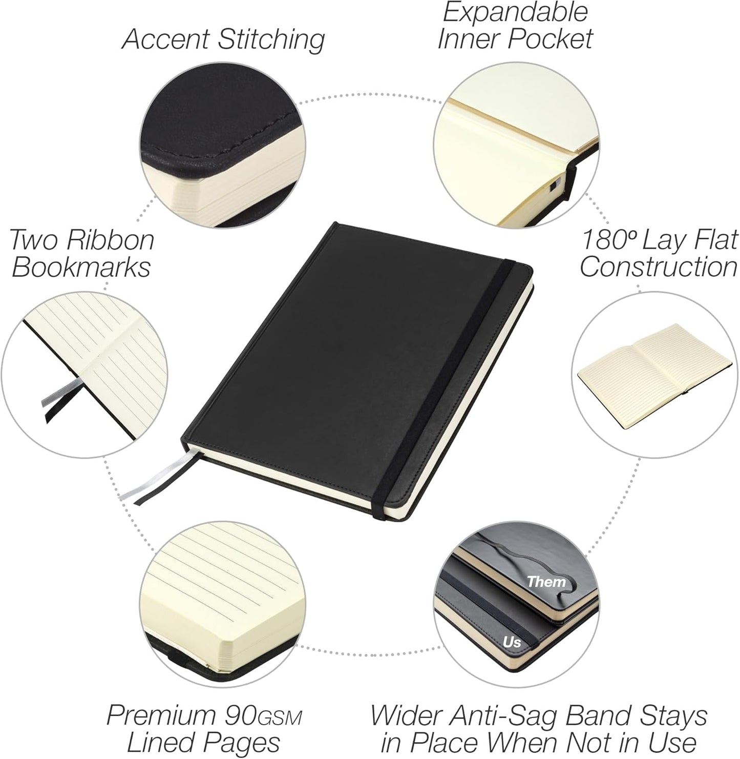 Samsill Large Hardcover Notebook, 240 Lined Notebook Pages, Black, 7.5 x 10 Inch