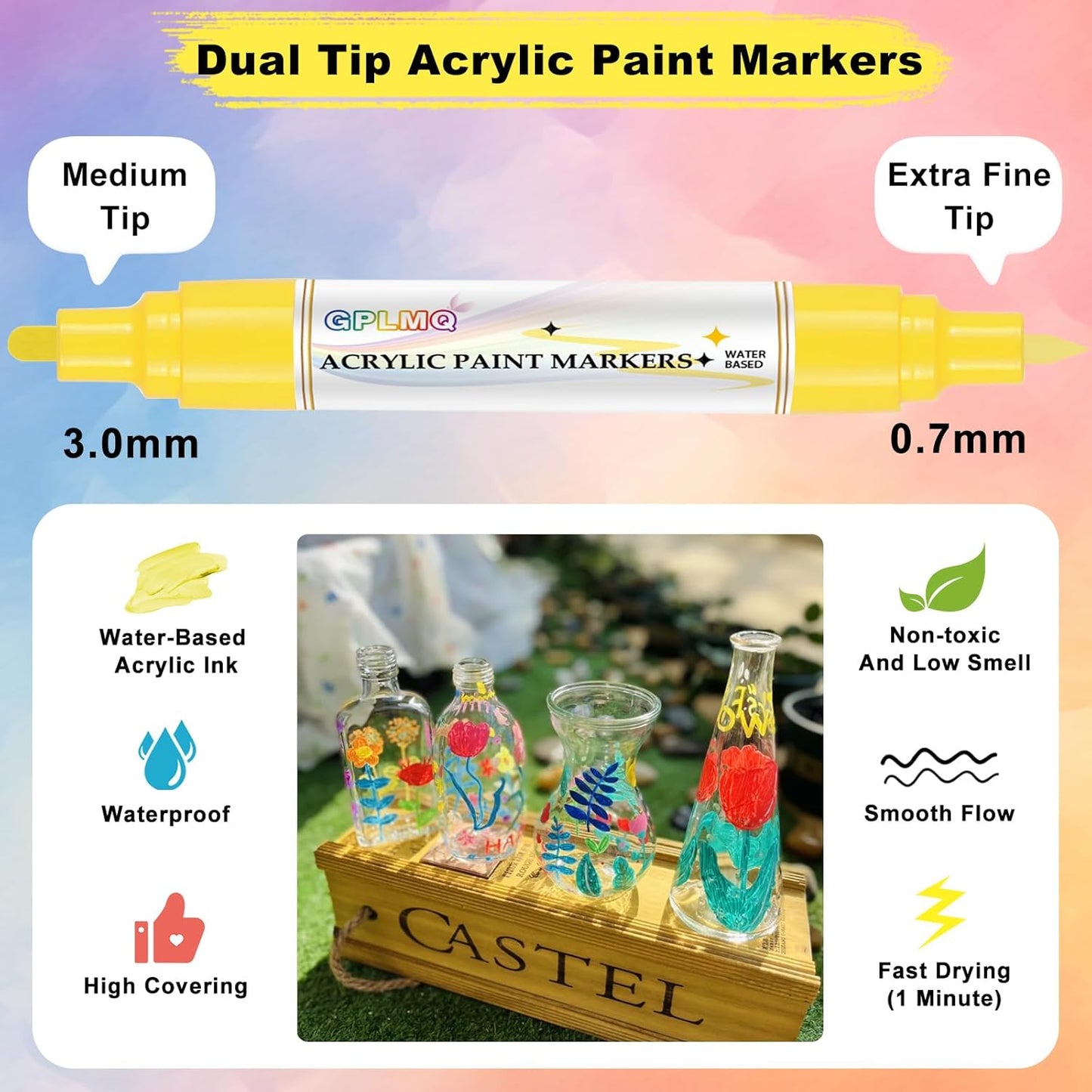 Paint Markers Paint Pens - 2 Pack Dual Tip Acrylic Permanent Marker (0.7mm & 3mm), Non-Toxic, Water-Based for Art Painting, Stone, Ceramic, Glass, Wood, Fabric, Metal, DIY Crafts (White)