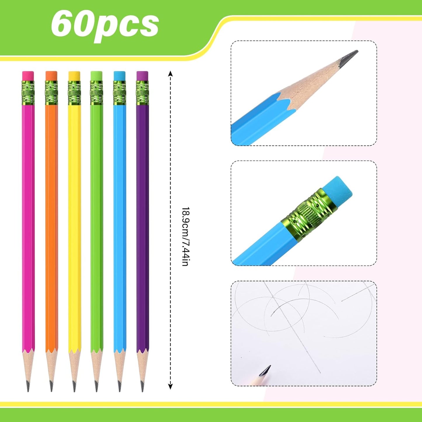 TecUnite 60 Pcs HB Pencils #2 Unsharpened Wood Cased Pencils with Eraser Hexagonal Pencil Cute Graphite No 2 Pen for Adults Gifts Exam School Office Sketching Learning (Wood Color, Silver)