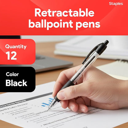 STAPLES Retractable Ballpoint Pens, Medium Point 1.0mm, Black Ink, 12 Pack – Comfortable, Smooth‑Writing Pens for Everyday Office Use