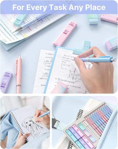 Four Candies Mechanical Pencil Set - 0.7mm (Medium Point), 6PCS Cute Pencils Mechanical with 360PCS (HB & 2B) Lead Refills & 12PCS Erasers & 1PCS Storage Case, Pastel Aesthetic Lead Pencils for School