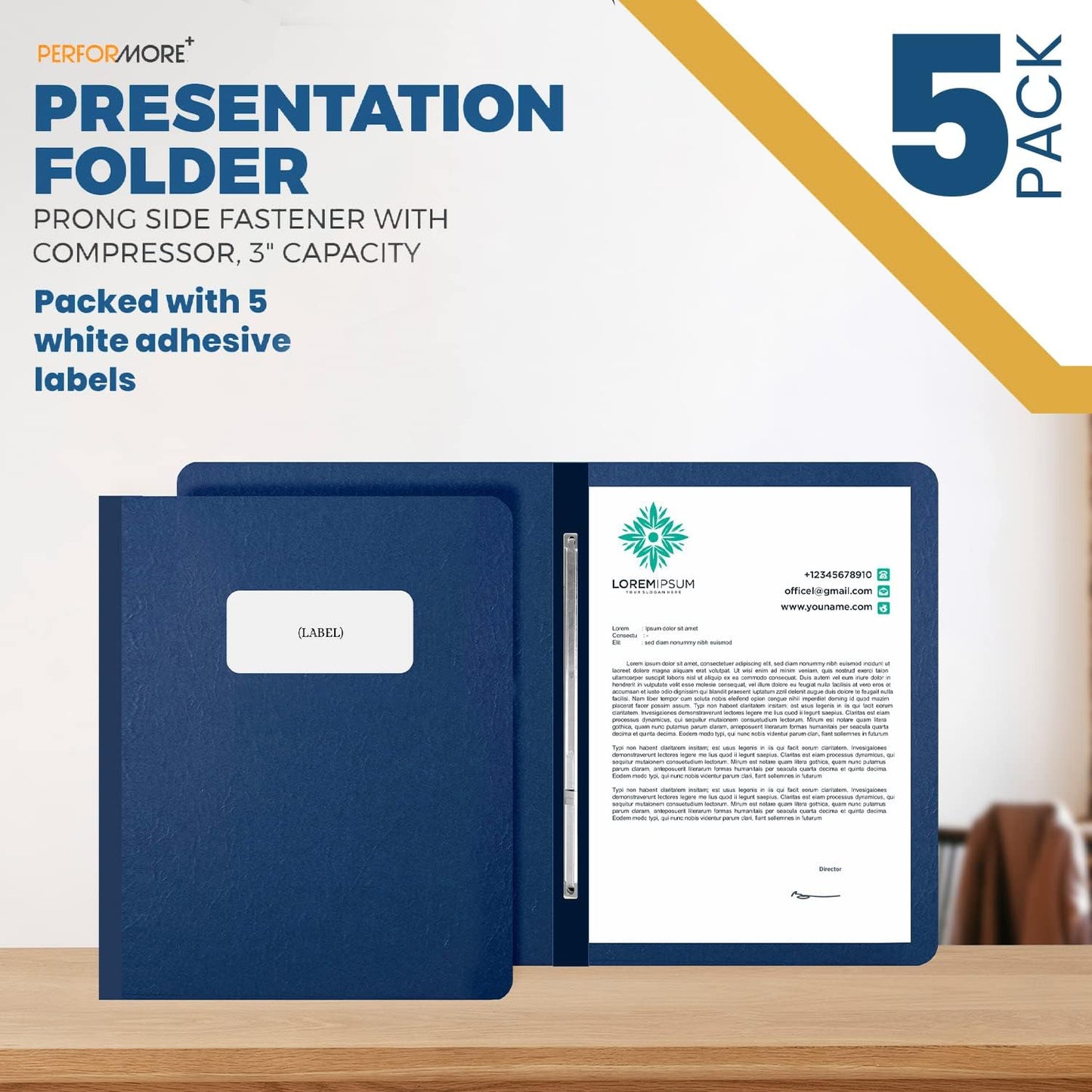 5 Pack of 8.5 ”x11” Pressboard Presentation Binder Folder, Blue Fiberboard Report Cover with Metal Prong Paper Fastener to Neatly Bind Reports, Proposals, Transcripts and Other Documents