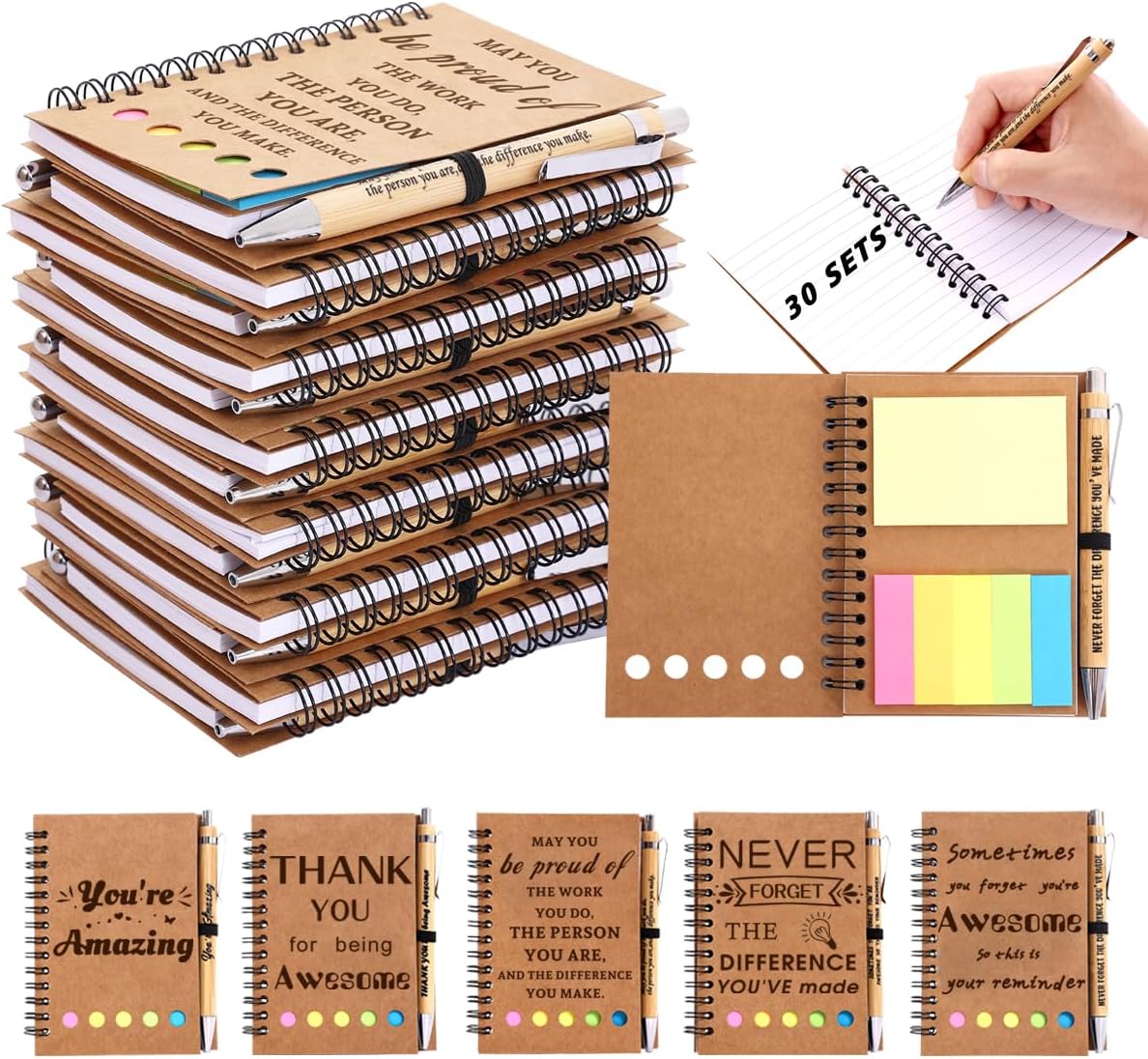 30 Sets Employee Appreciation Gifts Bulk Inspirational Spiral Notebook with Sticky Note and Motivational Bamboo Pens Thank You Gifts for Employees Coworkers,Teachers,Nurse,Office Staff,Team,Volunteer