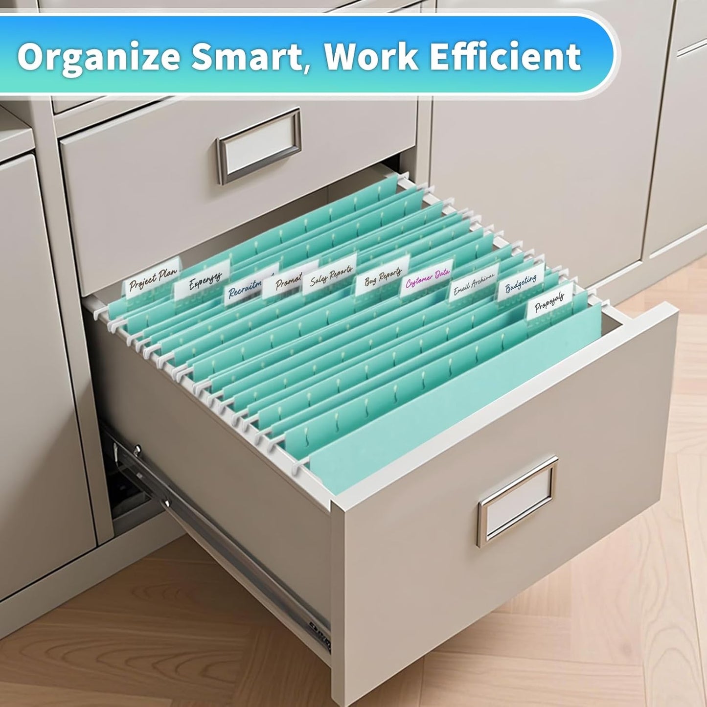 25-Pack Green Hanging File Folders, Letter Size (8.5" x 11") with 1/5-Cut Tabs,Includes 35 Transparent Label Cards & 50 Sticker Labels for Home & Office Organization