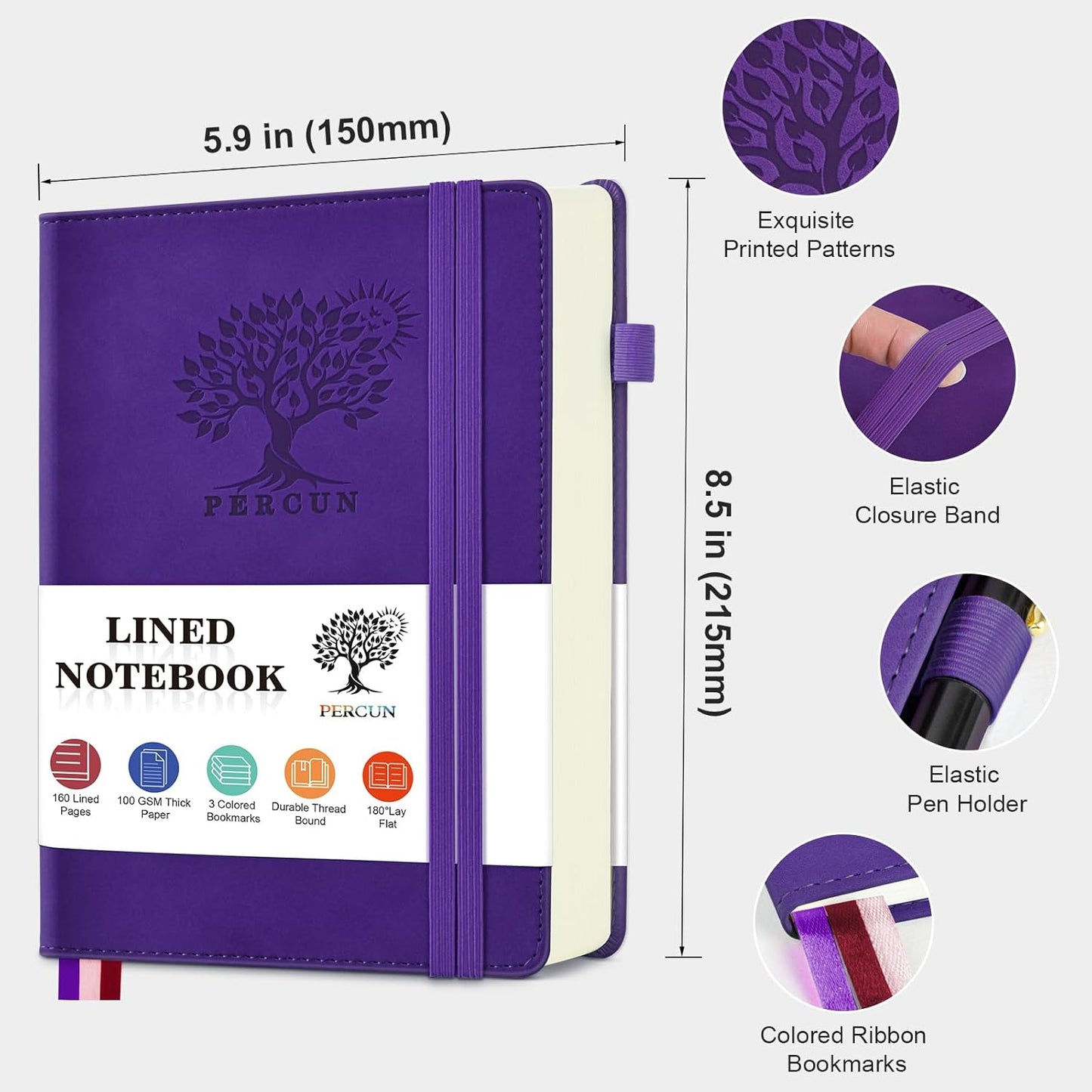 PERCUN Graph Paper Notebook, 160 Pages Grid Journal for women & men, A5 Hardcover Leather Graphing Notebook for School, Work, Travel, Note Taking 5.9”x8.5” (Black)