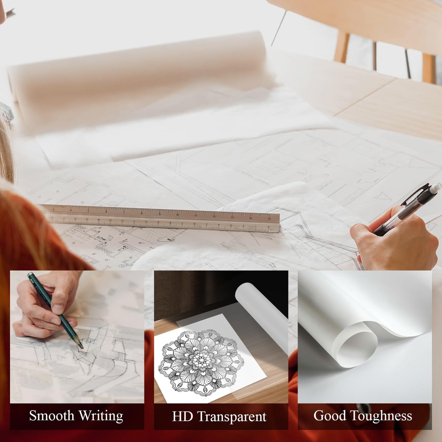 Tracing Paper for Drawing, 9 X 12'' Tracing Paper Pad, 75 Sheets Transparent Vellum Paper for Tracing Pads, 38lb/60gsm Translucent Trace Pad for Pencil Sketching, Image Tracing.
