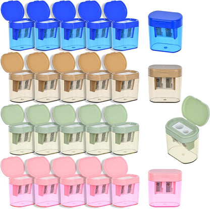 Colored Manual Pencil Sharpeners in Bulk, BOPART 24pcs Small Handheld Pencil Sharpener Dual Holes with Lid for Kids Adults at Classroom School Office Home (24Pcs Sharpeners - D)