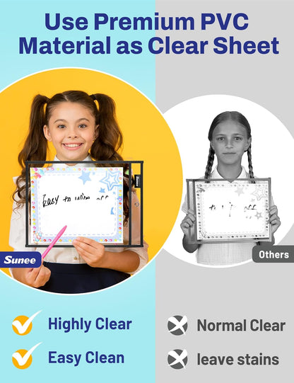 SUNEE 30 Packs Oversized Reusable Dry Erase Pocket Sleeves with 2 Rings, Black 10x14 Ticket Holders, Clear Plastic Sheet Protectors, Teacher School Classroom Supplies