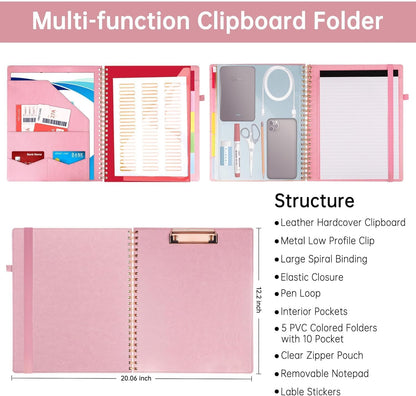 HAUTOCO Spiral Leather Clipboard Folio with Notepad (8.5 x 11''), 5 Folders with 10 Pockets, Storage Zipper Pouch, Pen Loop, 39 Stickers, Padfolio Organizer for Work School, Pink