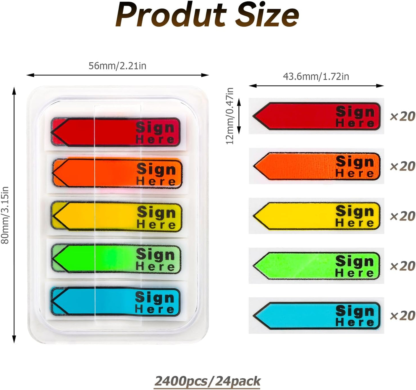 Sign Here Tabs, 2400 Pcs/24 Packs Date Stickers 5 Colors With Dispenser Arrow Flags Easy to Post for Notary Books Paper