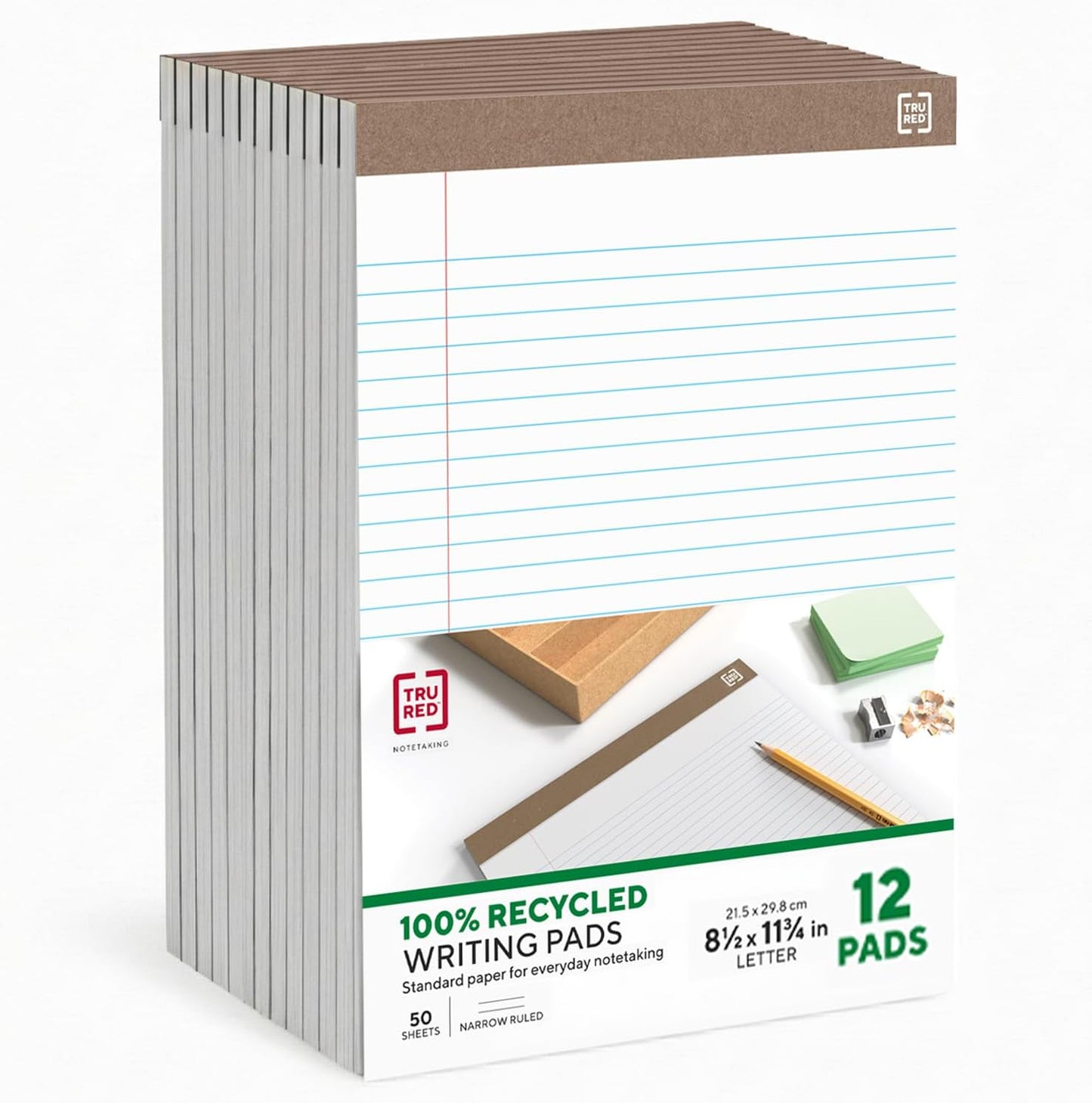 STAPLES Recycled Perforated Notepads, 8.5” x 11.75”, Narrow Ruled, Canary, 12‑Pack