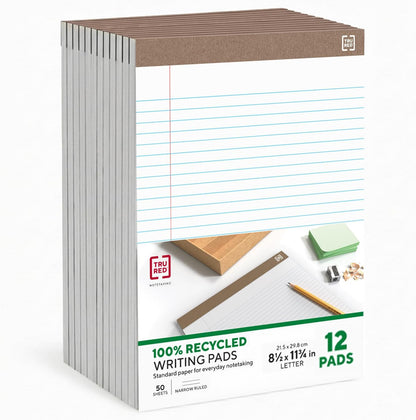 STAPLES Recycled Perforated Notepads, 8.5” x 11.75”, Narrow Ruled, Canary, 12‑Pack