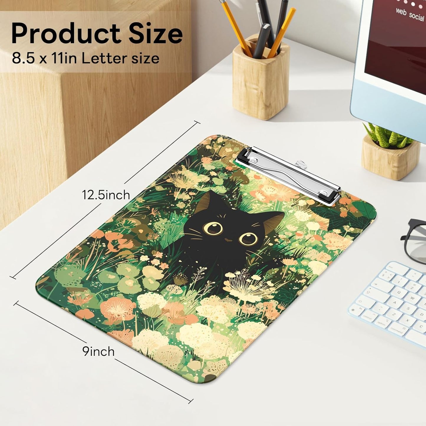 Plastic Cute Clipboard Low-Profile Metal Clip, A4 Letter Size 9 x 12.5 in, 8.5 x 11 Paper Clip Board for Teachers, Nurses, Classroom,Cute Black Cats