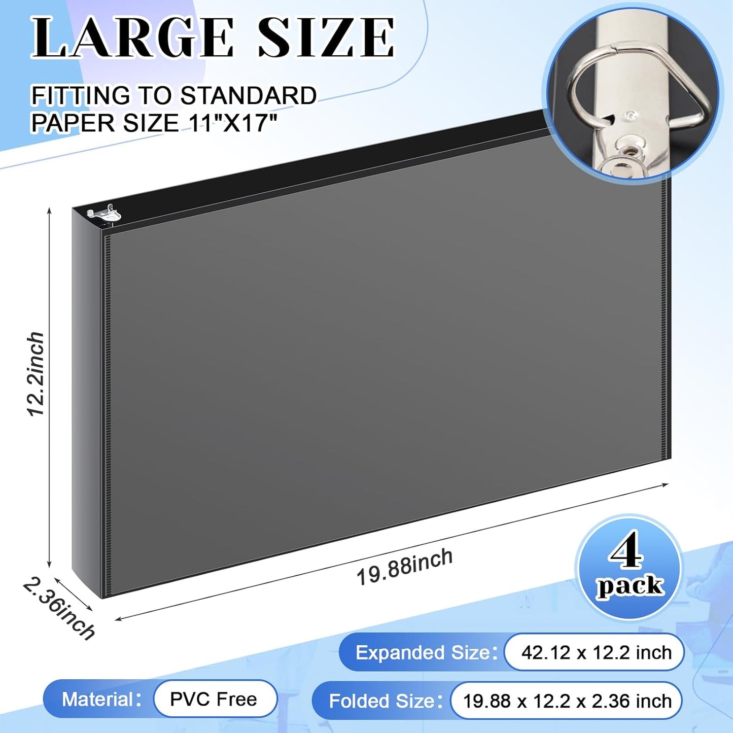8 Pcs 11 x 17 Inches View Binders 1 Inch 3 Rings Heavy Duty View D Ring Binders Economy Holds 11" x 17" Paper for Artwork Blueprints, Office, Home, Work Places (Black)