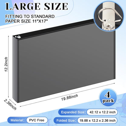 8 Pcs 11 x 17 Inches View Binders 1 Inch 3 Rings Heavy Duty View D Ring Binders Economy Holds 11" x 17" Paper for Artwork Blueprints, Office, Home, Work Places (Black)