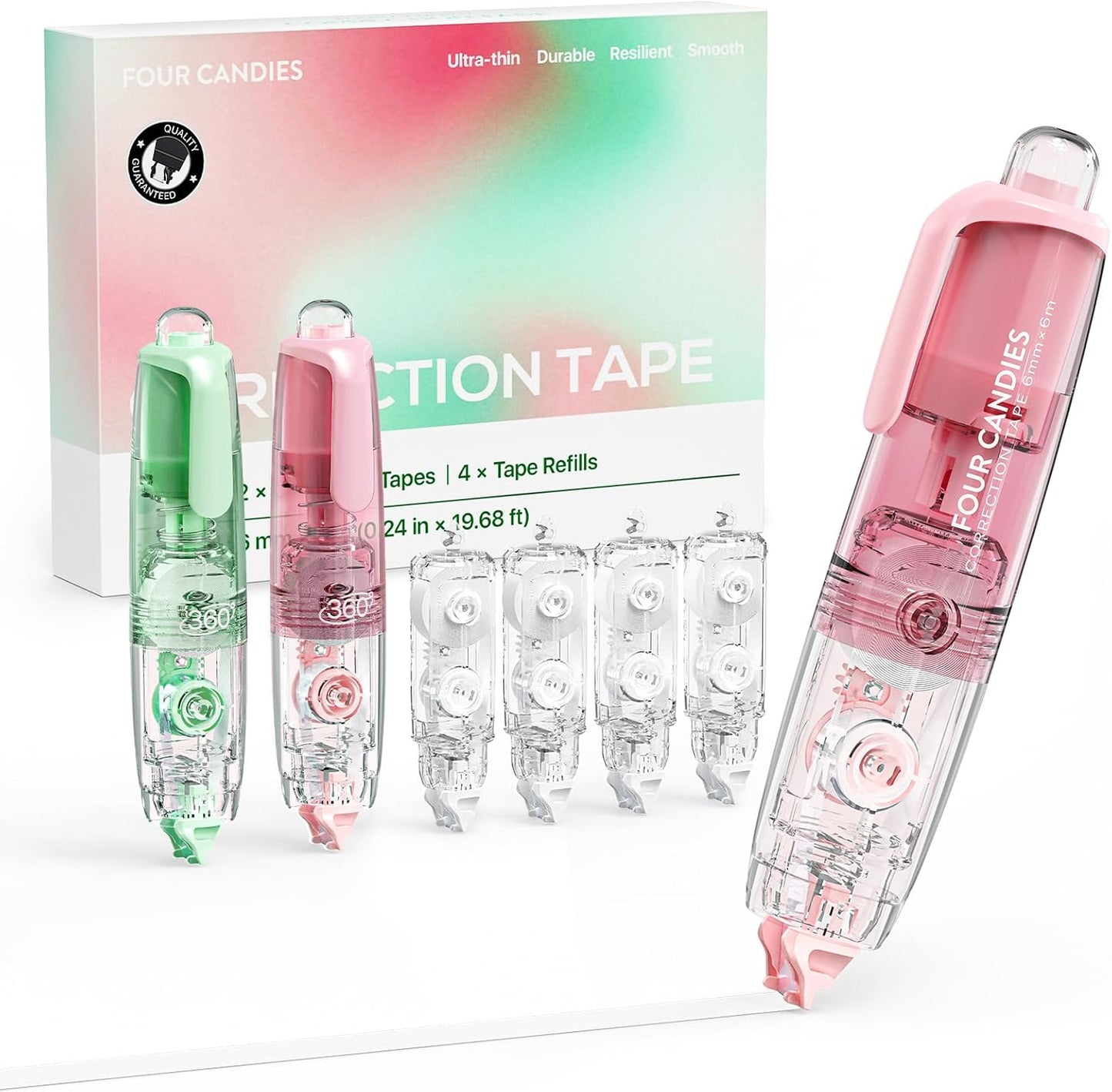 Four Candies Refillable Retractable White Correction Tape, 2PCS White Cute Smooth Push Pull Out Tape with 4 Extra Refills, Aesthetic Pen Shaped Applicator for School Office Supplies (Pink Apricot)