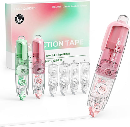 Four Candies Refillable Retractable White Correction Tape, 2PCS White Cute Smooth Push Pull Out Tape with 4 Extra Refills, Aesthetic Pen Shaped Applicator for School Office Supplies (Pink Apricot)