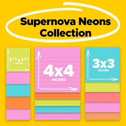 Post-it Super Sticky Notes, 15 Sticky Note Pads, Multi-Size., School Supplies, Office Products, 2X the Sticking Power, Supernova Neons Collection