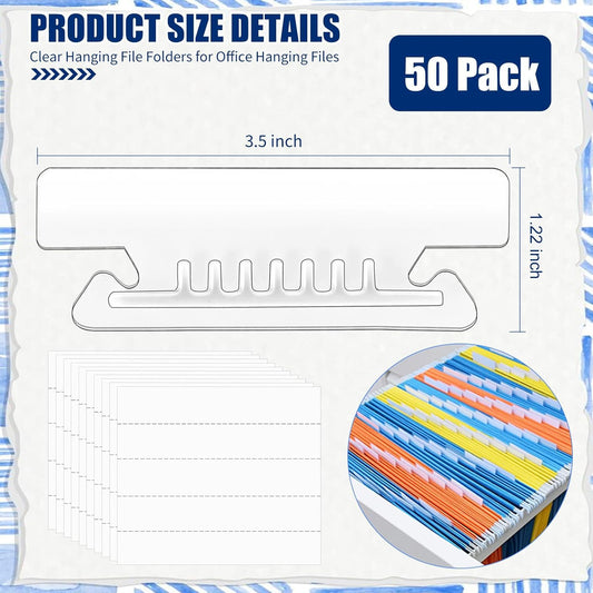 100Pcs 3 1/2 Inch Hanging File Folder Tabs Plastic Tabs for Hanging File Folders and Inserts Clear File Folder Tabs Insertable Plastic Tabs for Back to School Organizer Office Room