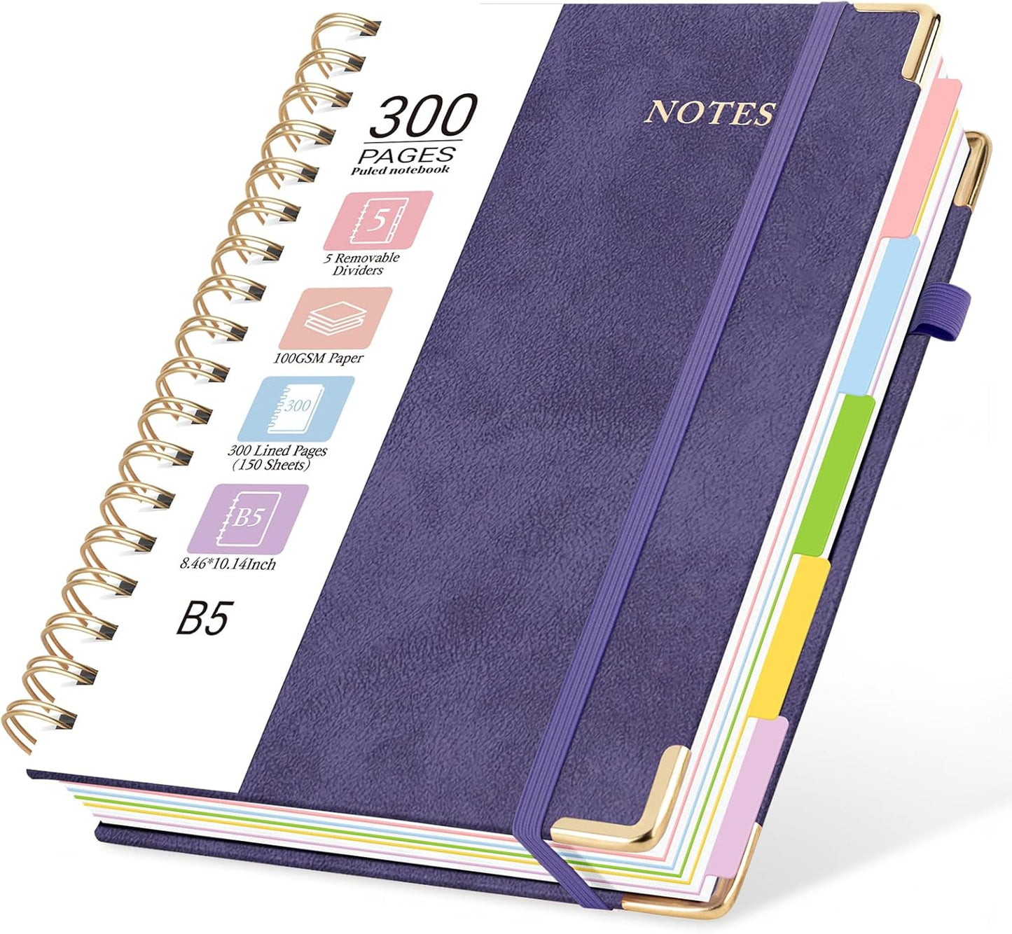 Hardcover Spiral Journal Notebook, 300 Pages 5 Subject Notebook College Ruled with Removable Dividers Tabs, 8" x 10" Notebooks for Work, Spiral Ruled Lined Writing Journal Hardcover Leather Notebook for School (Black, 8''x 10'')