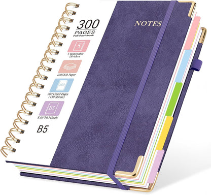 Hardcover Spiral Journal Notebook, 300 Pages 5 Subject Notebook College Ruled with Removable Dividers Tabs, 8" x 10" Notebooks for Work, Spiral Ruled Lined Writing Journal Hardcover Leather Notebook for School (Black, 8''x 10'')