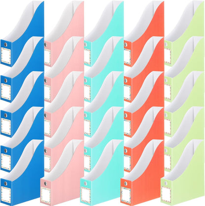 Pasimy 25 Pcs Pastel Cardboard Magazine File Holder Magazine Organizer Book Bin with Label Sticker Multicolor File Storage Box for Desk Shelves Document School Classroom Home Office Supplies