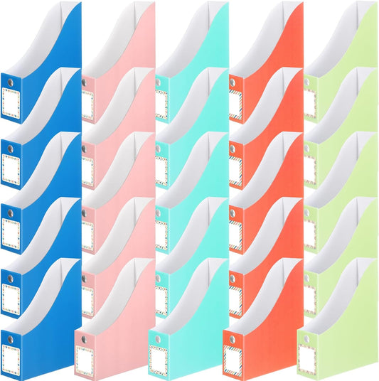 Pasimy 25 Pcs Pastel Cardboard Magazine File Holder Magazine Organizer Book Bin with Label Sticker Multicolor File Storage Box for Desk Shelves Document School Classroom Home Office Supplies