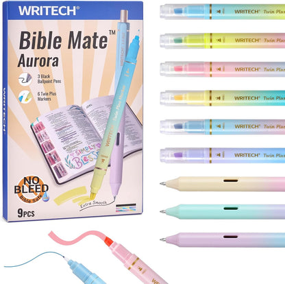 WRITECH Bible Mate Journaling Set: No Bleed Bible Highlighters & 0.7mm Black Ink Ballpoint Pens, Fast-Drying Ink, Pastel Colors Highlighter, Journaling Kit, 9ct