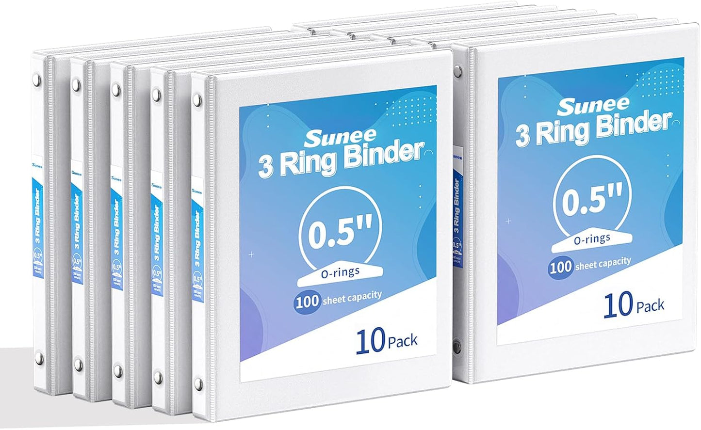 SUNEE 1/2 Inch Binders 3 Ring 10 Pack Bulk, PVC-Free Clear View Half Inch Binders (Fits 8.5x11 Inches) for School, Office & Home Use, White