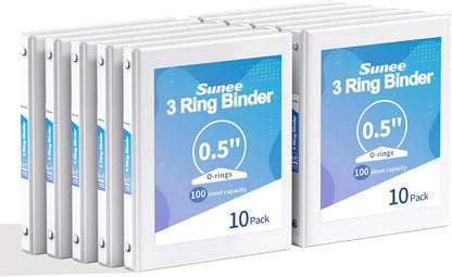 SUNEE 1/2 Inch Binders 3 Ring 10 Pack Bulk, PVC-Free Clear View Half Inch Binders (Fits 8.5x11 Inches) for School, Office & Home Use, White