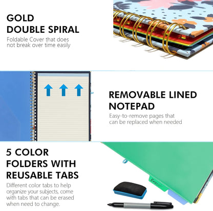 Spiral Clipboard Folio with Refillable Lined Notepad, 5 Extra Folders, 10 Pockets, File Label, Elastic Closure, Pen Loop (GentleBlue, A4)