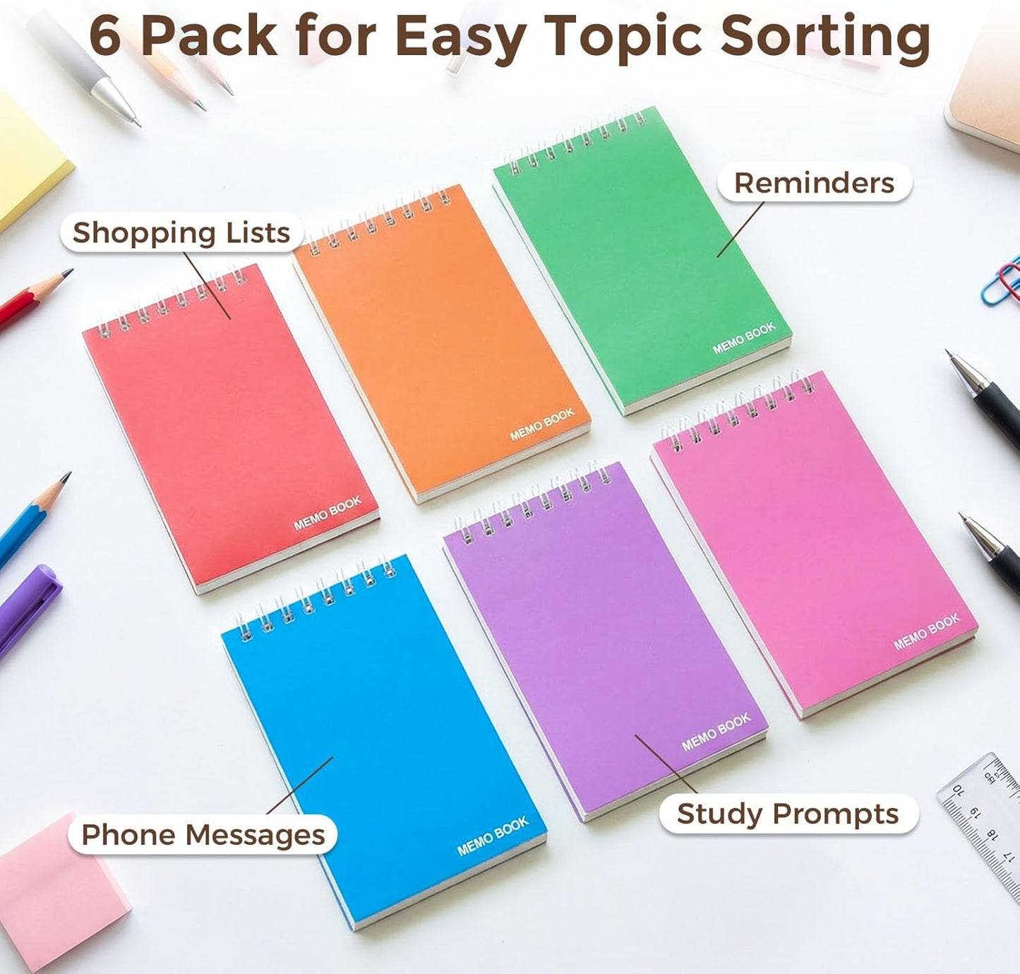 Koogel 6 Pack Pocket Notebooks Small Spiral Notebooks Bulk, 3x5 Inch, Mini Lined College Ruled Journal, Small Spiral Notebook Memo Notepads for School, Home, College, Office, Work, Nurse, 6 Colors