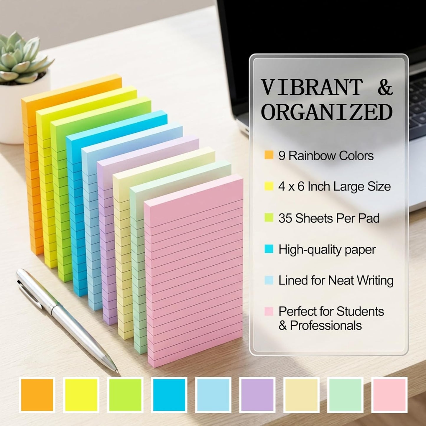 (9 Pack) BOKUGE Lined Sticky Notes 4x6 in, Strong Adhesive Self Stick Note Pads, Sticky Notes with Lines, 9 Colorful Options, Perfect for Office, Classroom, Task Reminders, Smooth Writing