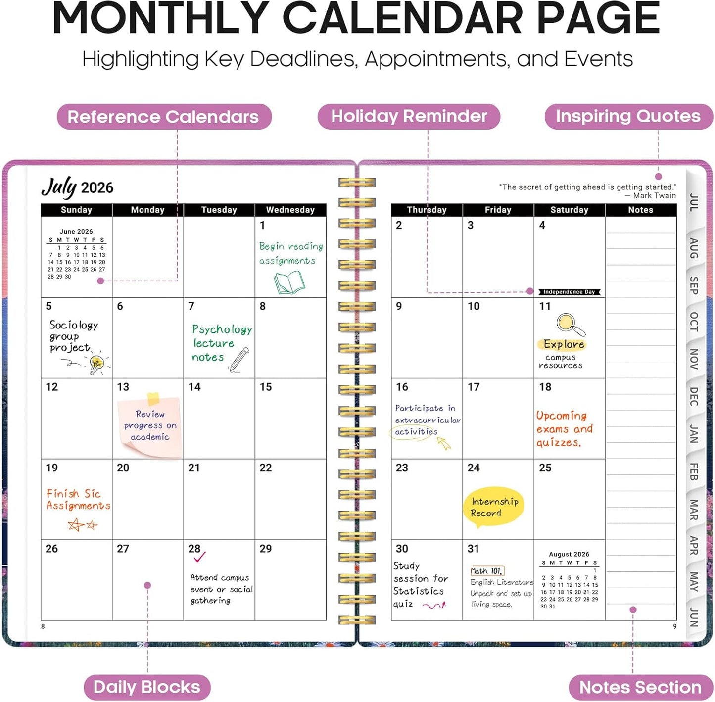 Planner 2026-2027, Academic Year Monthly and Weekly Calendar Planner, Jul 2026 - Jun 2027, Hardcover Teacher Student Planning Agenda book with Tabs, Perfect for School Office Supplies, 6.3" x 8.5" - Wildflowers