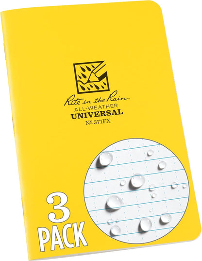 Rite In The Rain Weatherproof Stapled Notebook, 4.625" x 7", Orange Cover, Universal Pattern, 3 Pack (No. OR71FX)