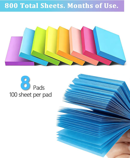 8 Pack Bright Color Sticky Notes 1.5x2 Inch, 100 Sheets/Pad 800 Total, Adhesive Memo Pads for Office School Home Organization