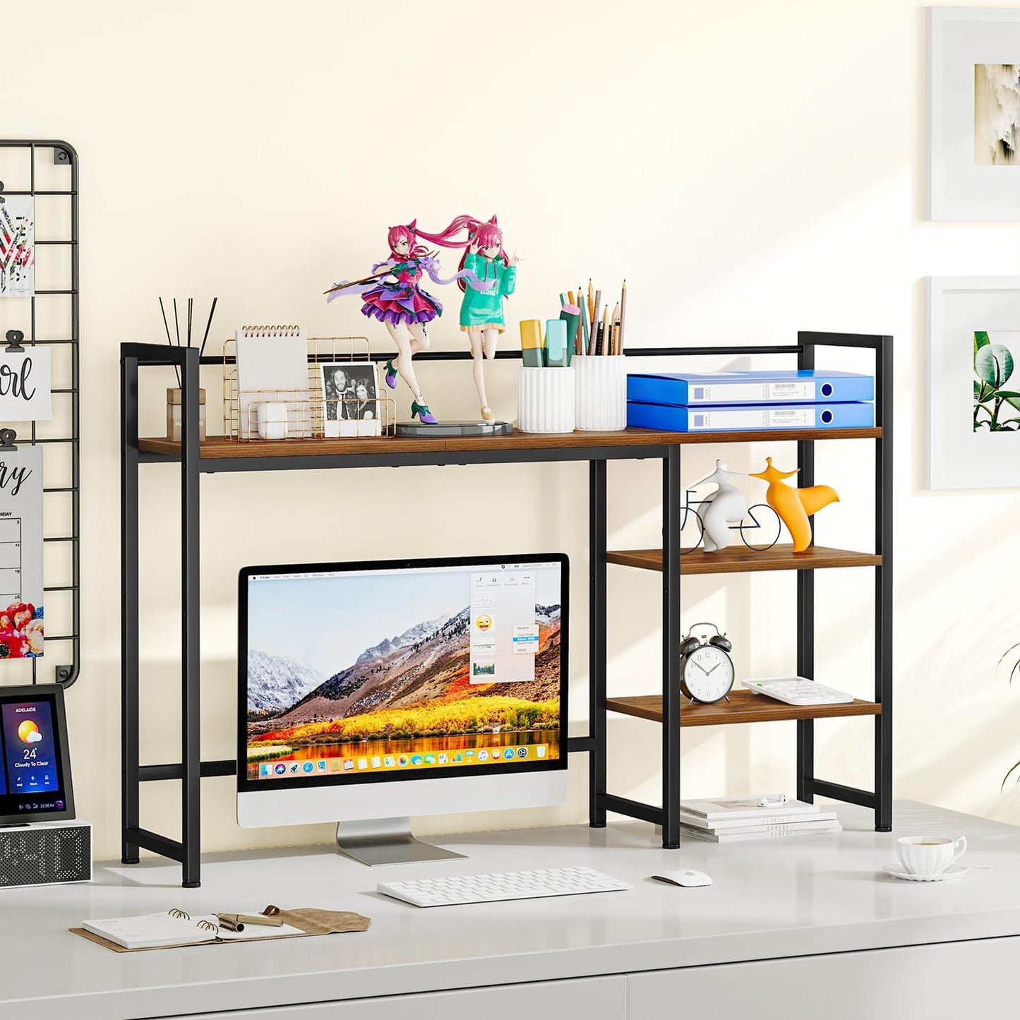 Snughome Desk Shelf, 38.6" Desktop Organizer Shelf, Desk Hutch for Computer Monitor, 4 Tier Desk Display Rack, Wood Desktop Bookshelf Storage Rack for Home Office Dorm, Rustic Brown | Desk Hutch, Computer Monitor, Desktop Display Rack, Home Office Dorm
