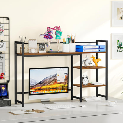 Snughome Desk Shelf, 38.6" Desktop Organizer Shelf, Desk Hutch for Computer Monitor, 4 Tier Desk Display Rack, Wood Desktop Bookshelf Storage Rack for Home Office Dorm, Rustic Brown | Desk Hutch, Computer Monitor, Desktop Display Rack, Home Office Dorm