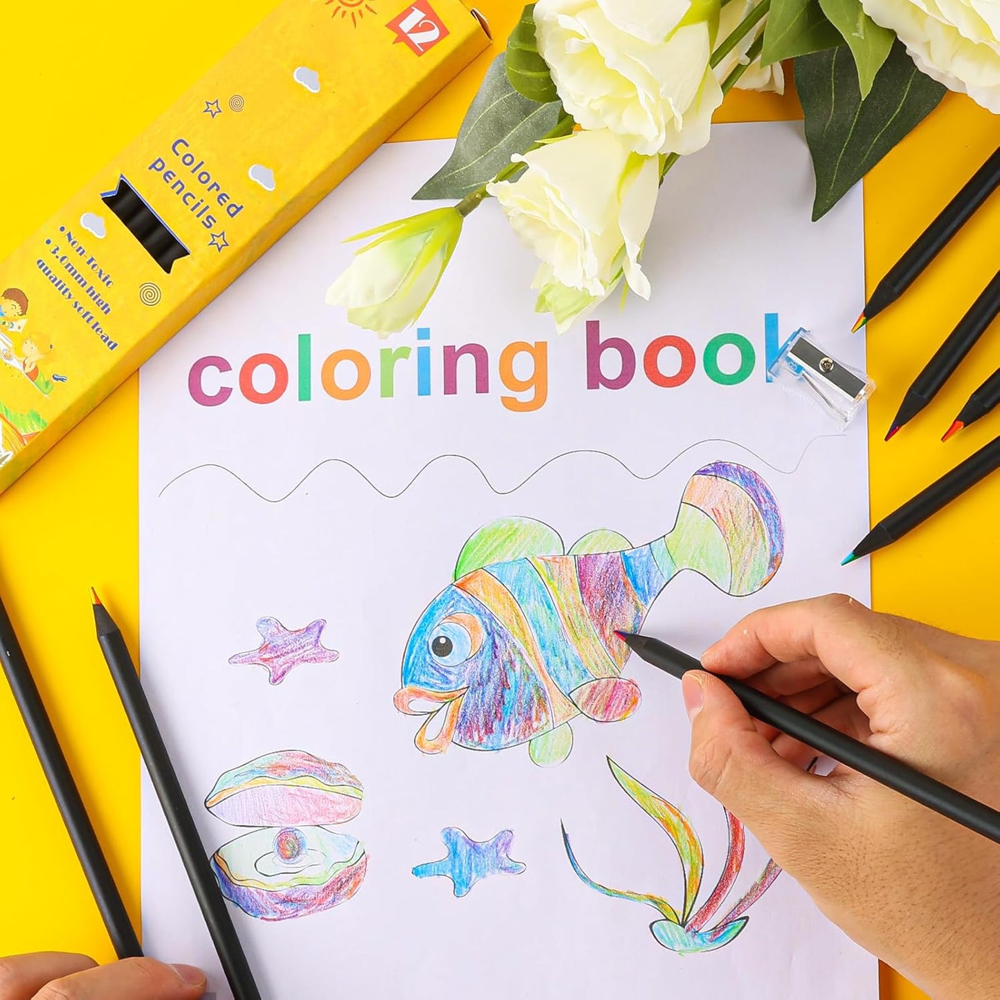 12 Pcs Rainbow Pencils with Sharpener, 7 Color in 1, Black Wooden, Art Supplies for Kids & Adults, Birthday Pencils