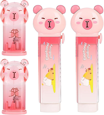 4Pcs Cute Pink Capybara Retractable Eraser and Capybara Pencil Sharpener,Capybara Cute Birthday Christmas Gifts Set for Kawaii Office School Home Supplies