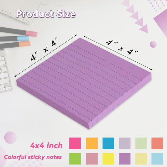(12 Pack) Lined Sticky Notes 4x4 in, Vintage Colors Self Sticky Notes Pad Its Super Sticking Power Memo Pads, 4x4 Large Square Sticky Notes for Office, Home, School, Meeting