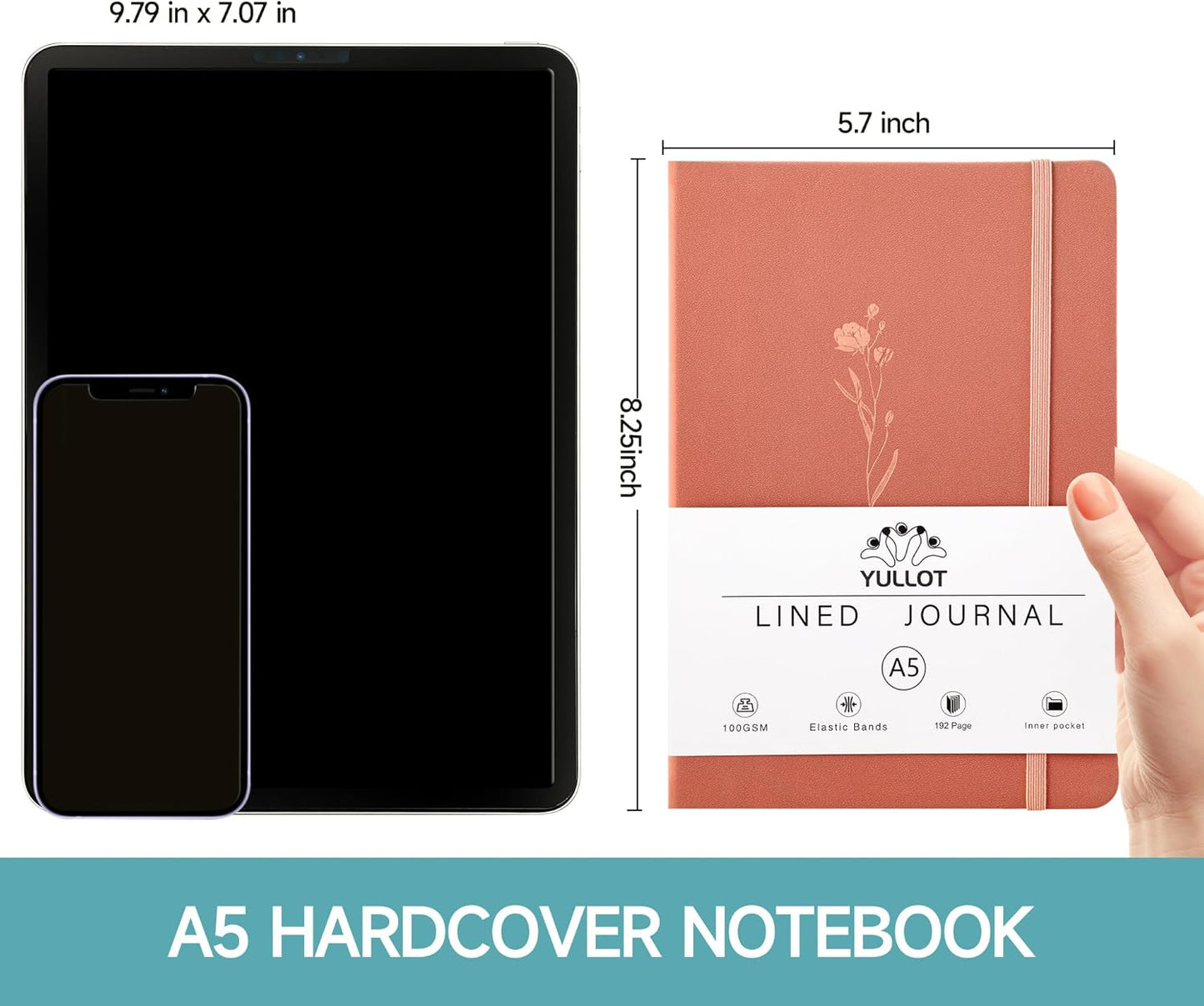Lined Journal Notebook –A5 PU Leather Hardcover Notebook, 100gsm Thick Bleedproof Paper with Inner Pocket – 192Pages Lined Writing Journal for Students Women Note Taking - Terracotta Orange