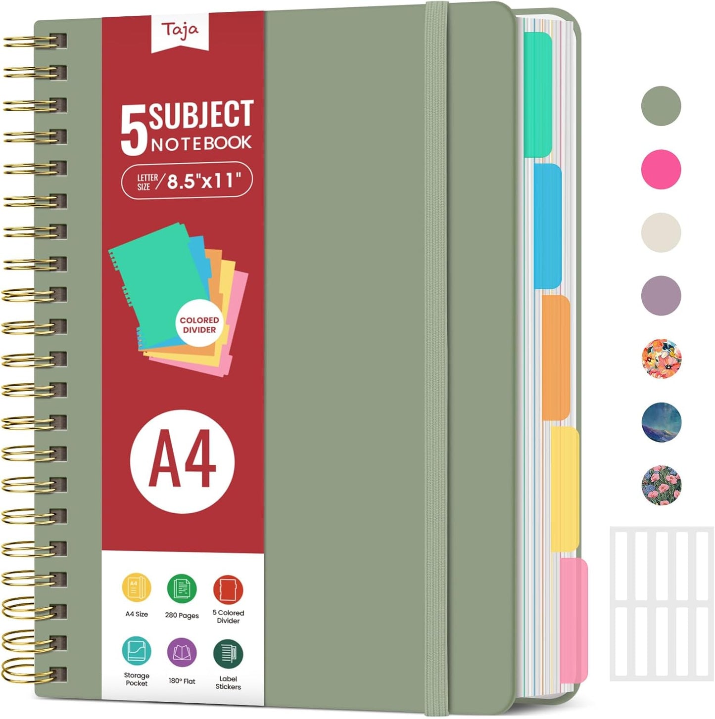 Hardcover Spiral Journal Notebooks for Work With Removable Dividers & Tabs, 8.5"x11" 5 Subject Notebook for Note Taking & Organizer, A4 College Ruled Lined Journal for Women & Writing, Aquamarine, 280 Pages