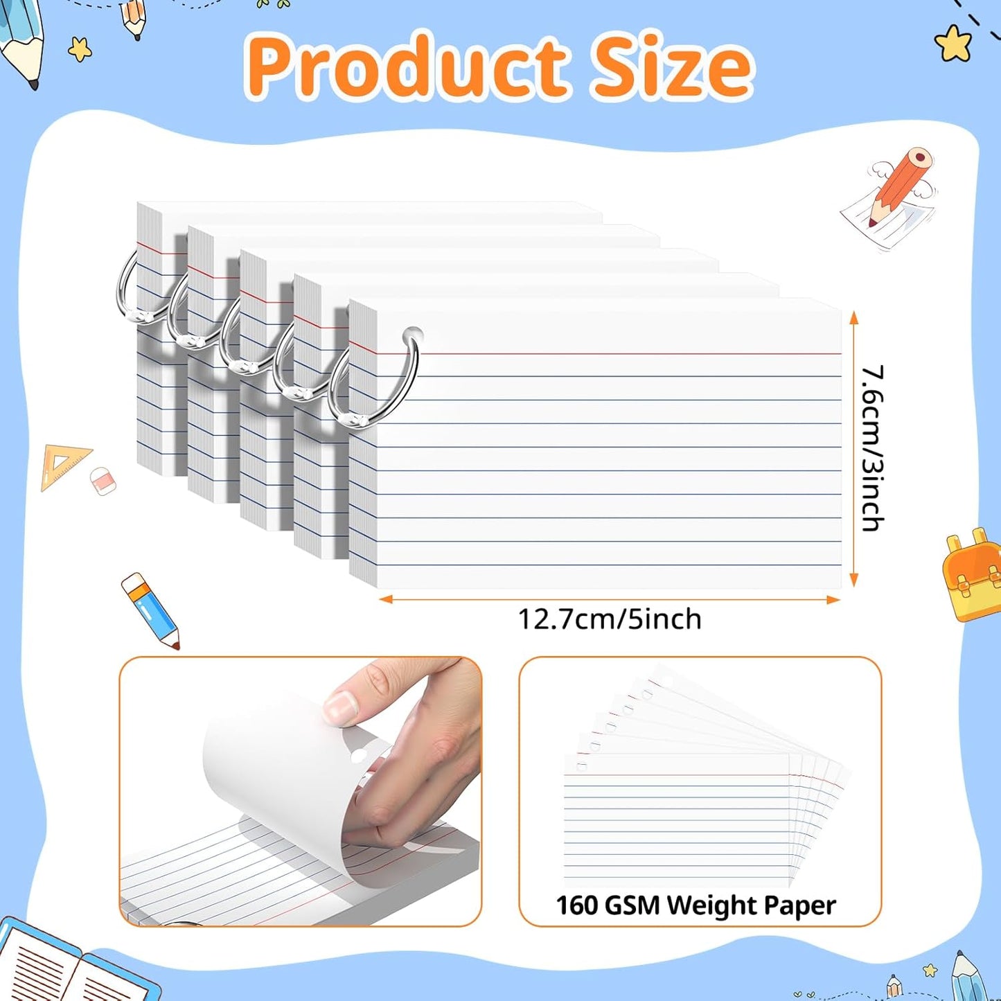 Index Cards 3x5 Inches, 300 PCS, Colored Flash Cards With Ring, Punched Lined Study Card Ruled Flashcards Notecards, Ruled Front And Blank Back, Note Card for School, College And Home