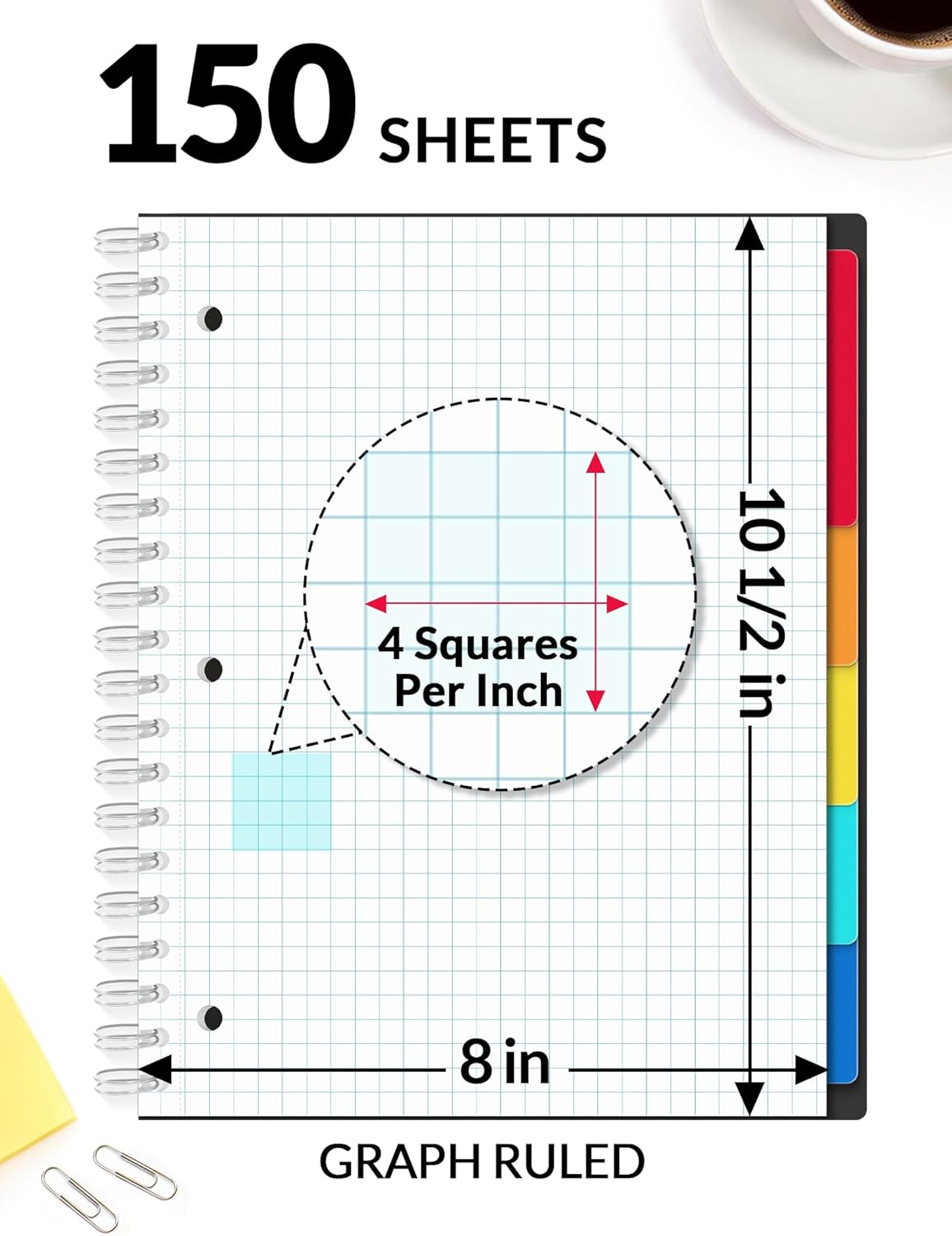 SUNEE Spiral Notebooks for Work with Removable Dividers & Tabs – College Ruled 5 Subject, 300 Pages, 3 Hole Punched, Durable PP Cover, 8"x10.5" – Notebooks for Office or School, Black