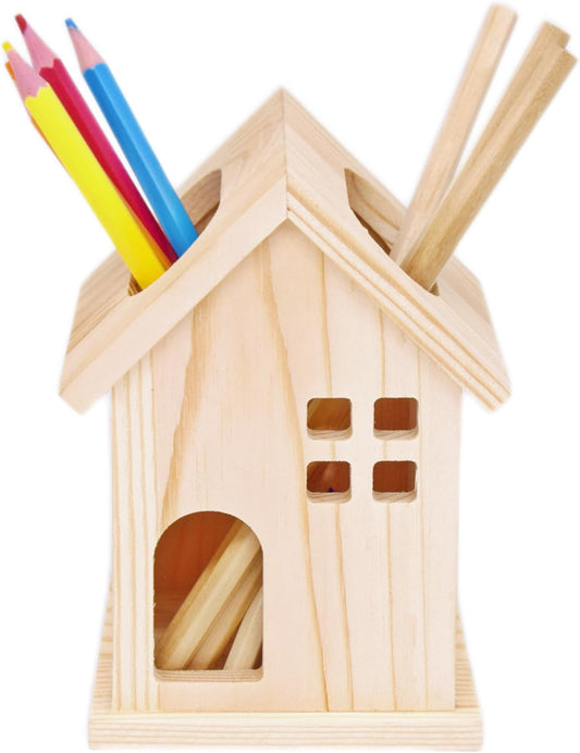 Rustic House Wood Pencil Holder,Unfinished Wooden Pen Holder for Homemade DIY Crafts Desk Accessories Decor,Multiple-Use pen Pencil Cup for Home School Office Supplies Storage